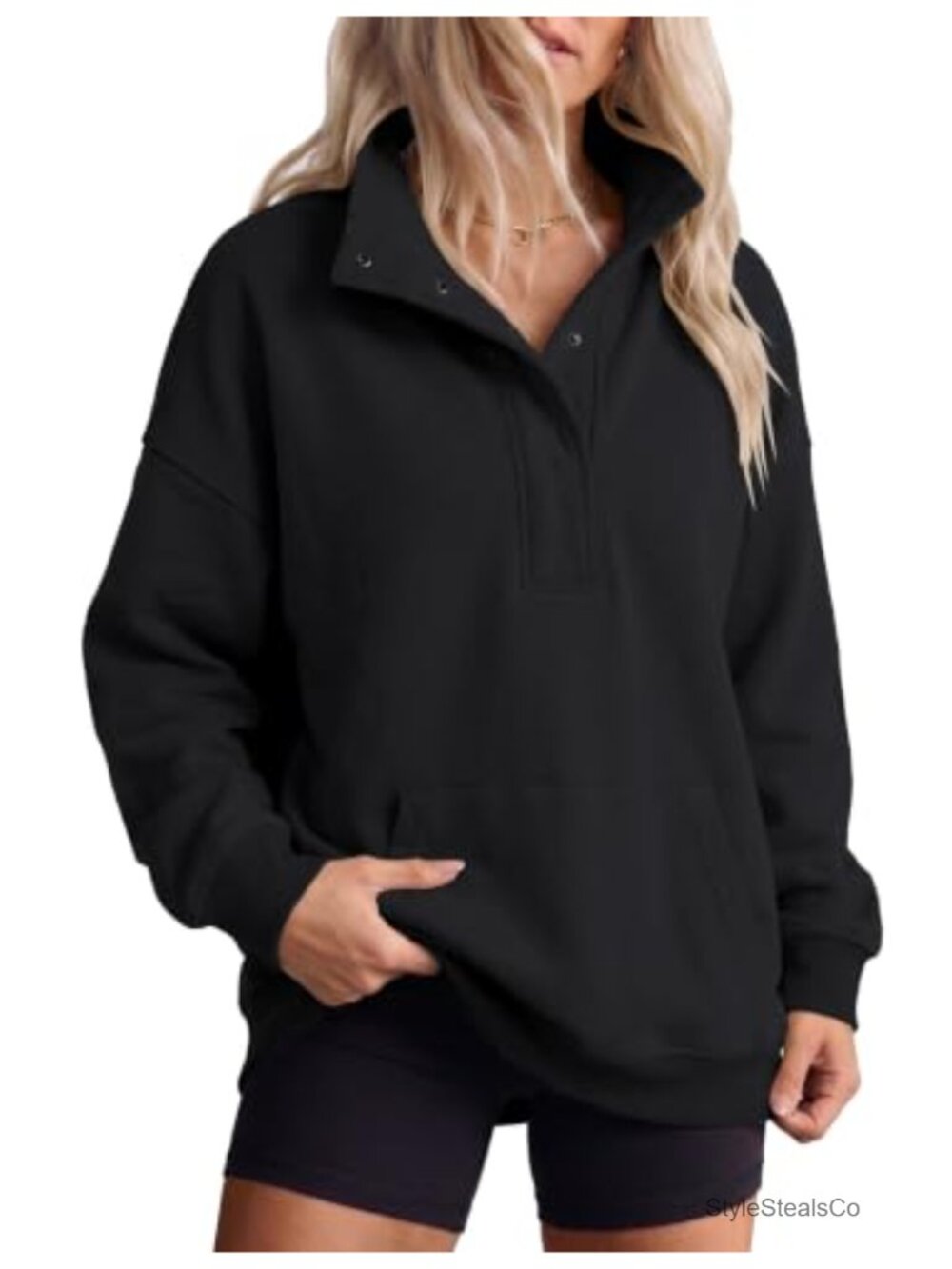 Oversized Snap Button Henley Sweatshirt with Pockets - Fleece Lined Long Sleeve